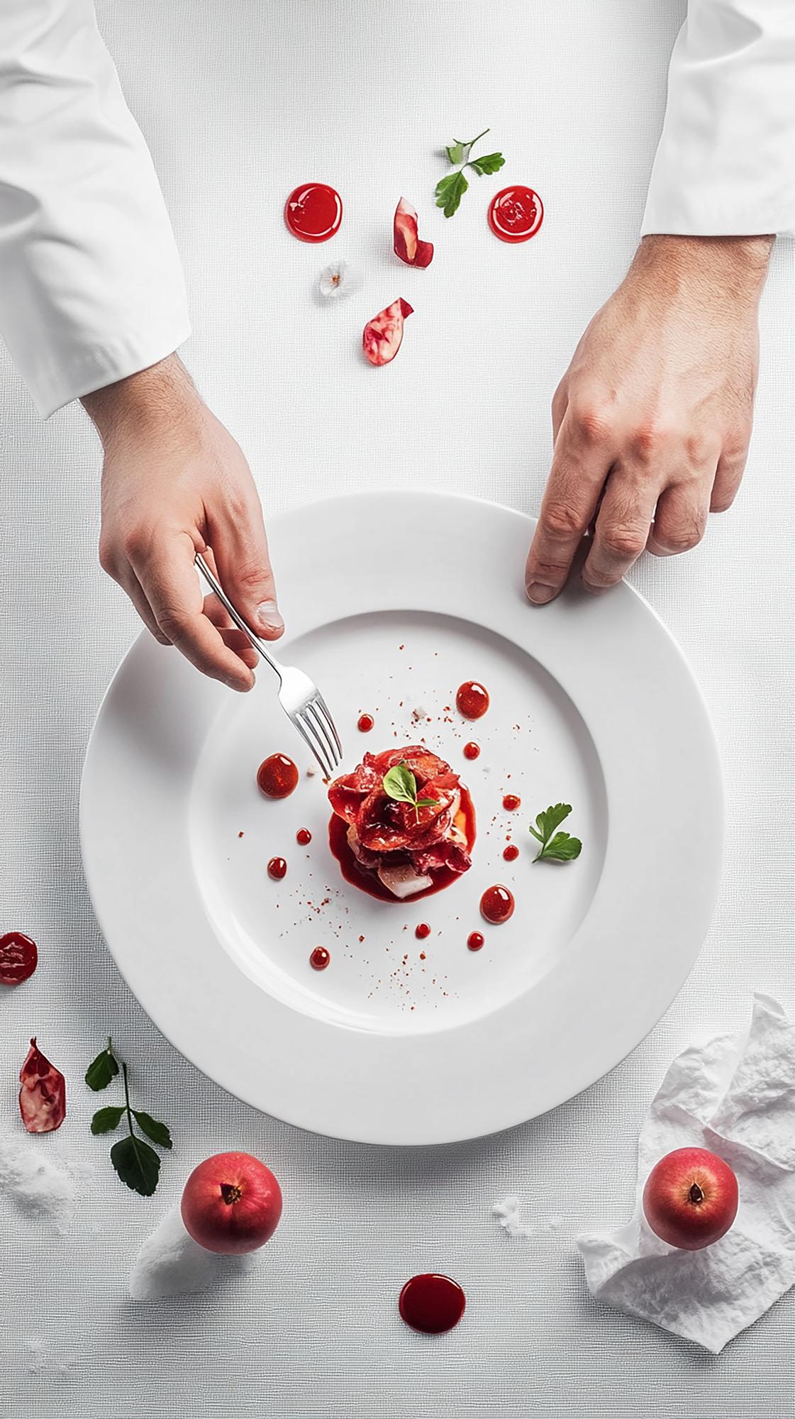 Chef demonstrating plated dish in warm kitchen